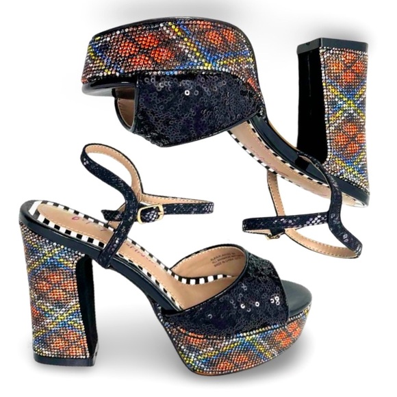 Betsy Johnson Alaia Leopard multi color platform sandal rhinestone heel Sz 8 - Picture 7 of 9